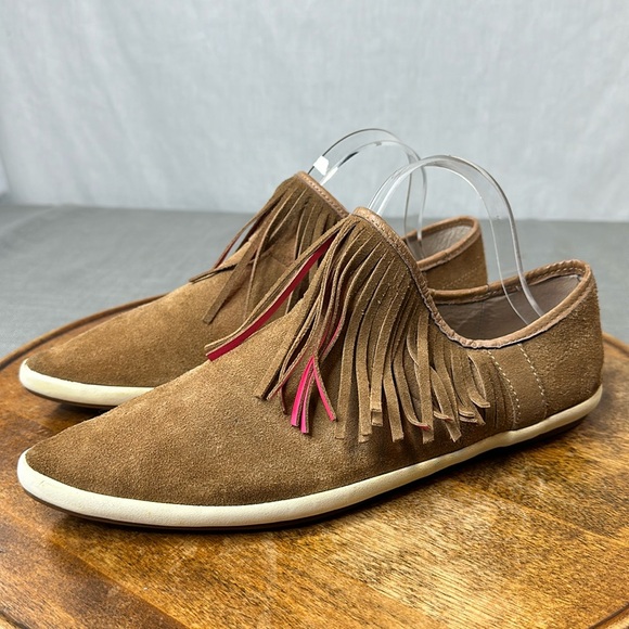 Sanuk Shoes - Sanuk Shoes Womens 10 Brown Suede Pink Fringe Slip On Moccasin Loafers